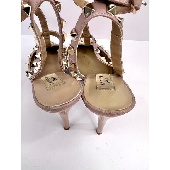 Kaitlyn Pan Size 5.5 Rockstud Leather Pointed Toe Leather Heels Tan and Pink - Picture 6 of 15
